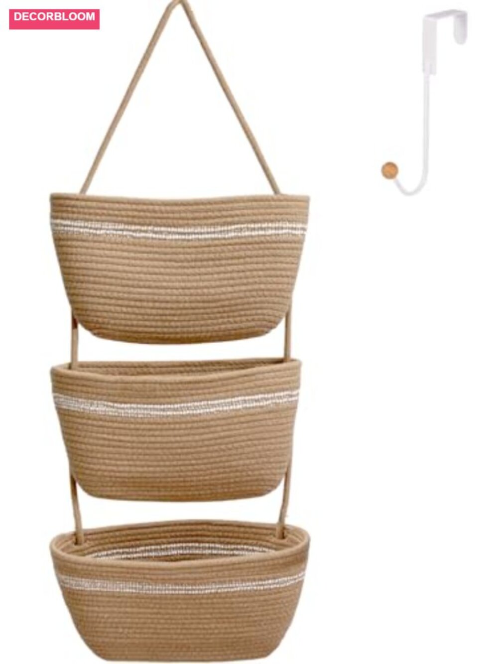 Over the Door Hanging Basket 3 Tier Woven Cotton Rope Wall Mount Storage
